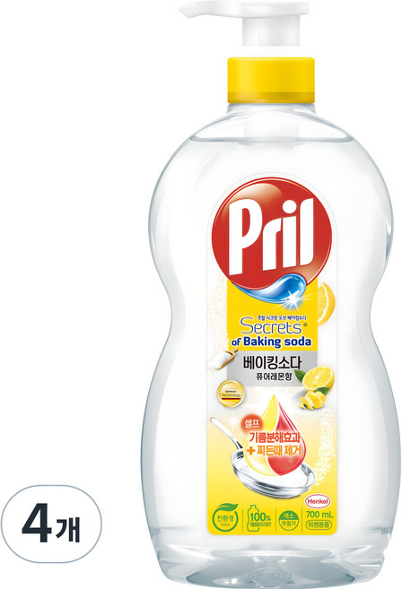 프릴 베이킹소다 주방세제 퓨어 레몬, 700ml, 4개