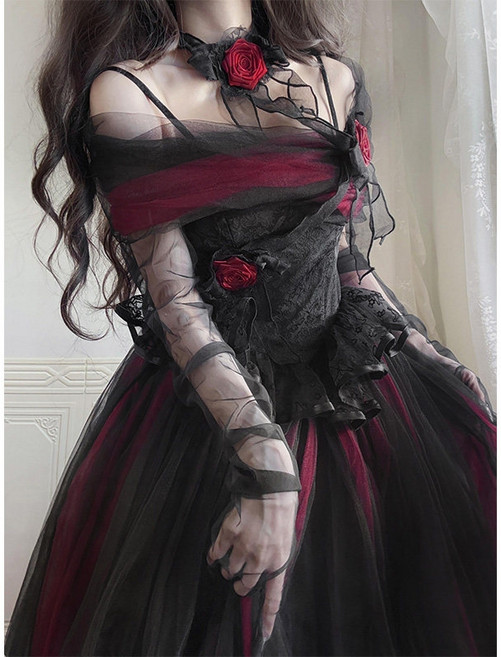 다크 레드 고딕 시폰 롤리타 드레스 도주 공주 생일 파티 어른 이브닝 드레스
