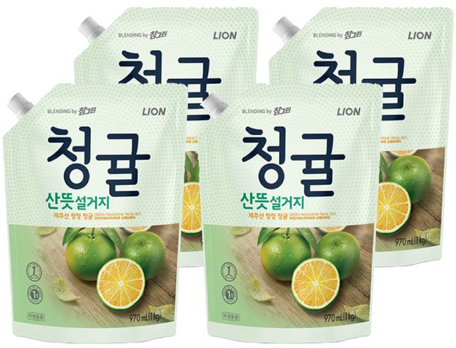 라이온 참그린 산뜻설거지 청귤 주방세제 절약형 리필, 4개