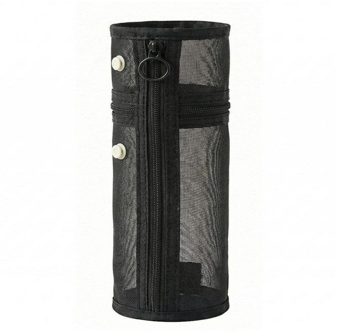 오피스템 대용량 메쉬 원통 스탠딩 필통 지퍼형 펜 파우치, 1개, 블랙