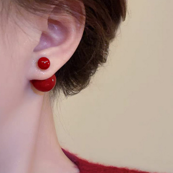 투웨이 레드 블랙 왕 진주 귀걸이