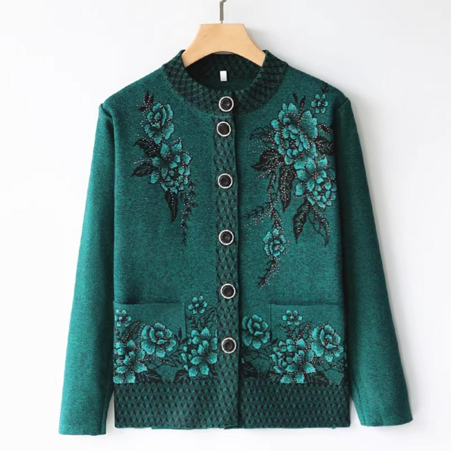 REZENZI 중년여성 라운드넥 버튼 포인트 꽃무늬 배색 니트 가디건 가을가디건 간절기 가디건 엄마 카디건 할머니 카디건