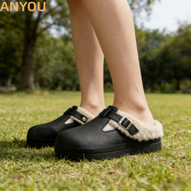 여성 겨울 털 뮬 슬리퍼 방한 방한 아웃도어 캠핑슈즈 털 글램핑 슬리퍼 실내외 겸용 사무실