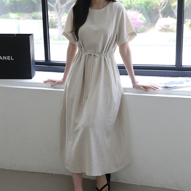 제니트 여성 바스락 비스코스 린넨 허리 스트링 심플 루즈핏 라운드넥 여름 롱 원피스