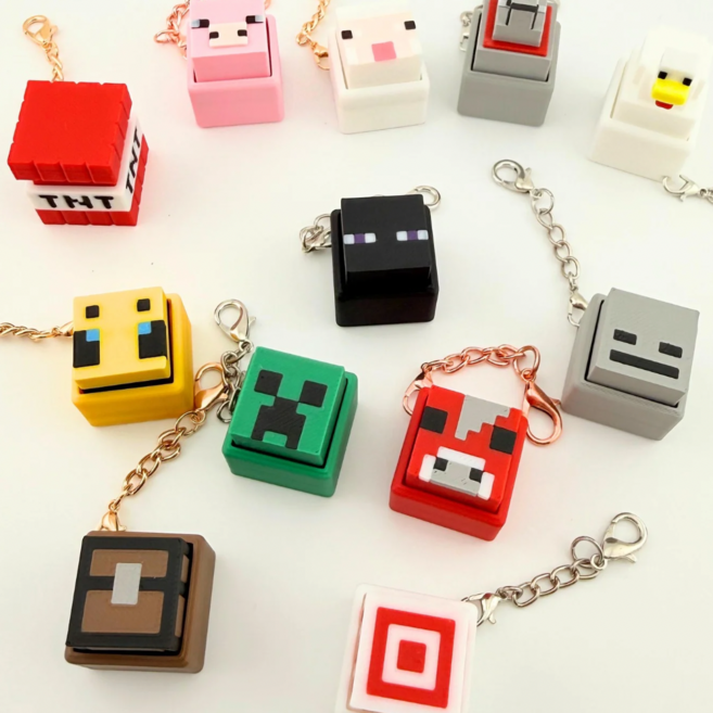 미니시리즈 캐릭터 열쇠고리 마인크래프트 키보드 키캡 클리커 키링, 1개, 옐로우