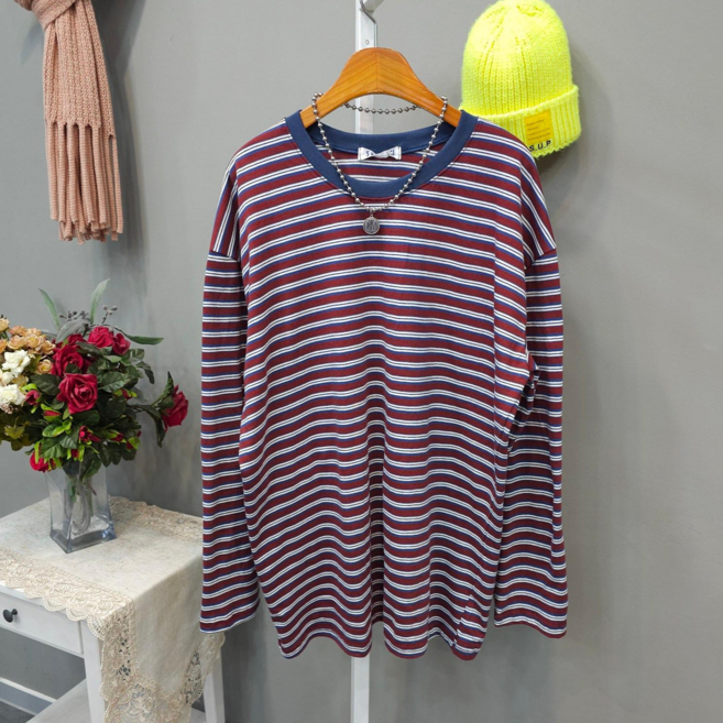 허니 라운드넥 스트라이프 오버핏 면100% 긴팔티셔츠