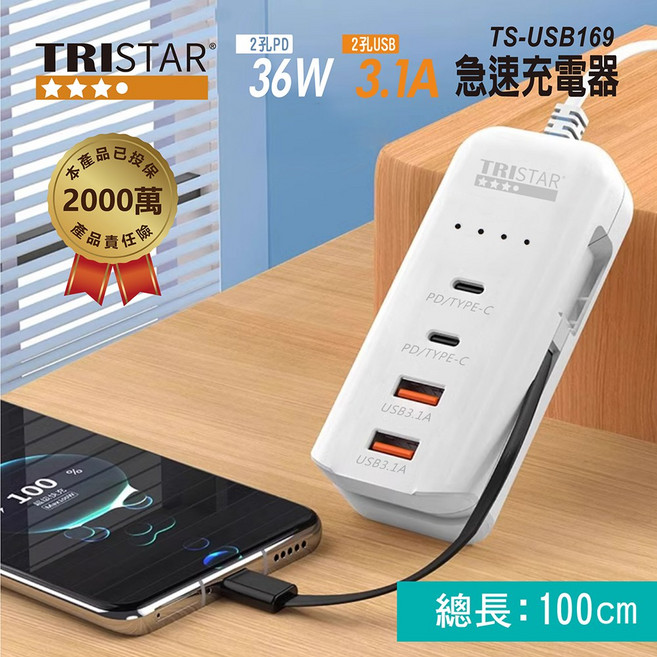 TRISTAR 36W急速充電器 TS-USB169, 1個, 白色