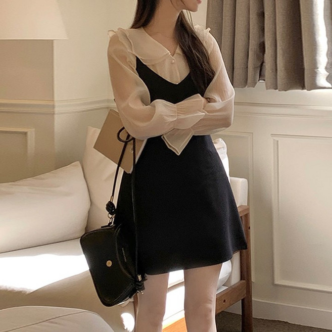 타니즈 리코네 시스루 프릴 블라우스 + A라인 뷔스티에 원피스 세트