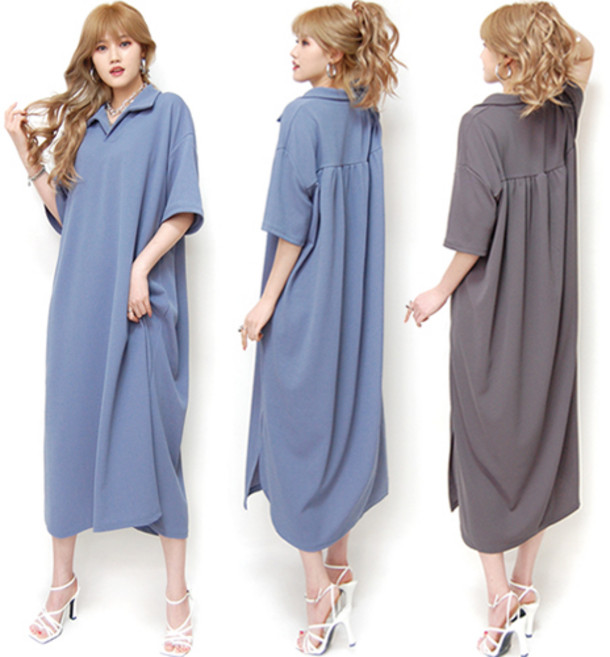 통통마녀 ] 카라 뒤셔링 반팔 원피스 / 4컬러 / 4XL / 오버사이즈