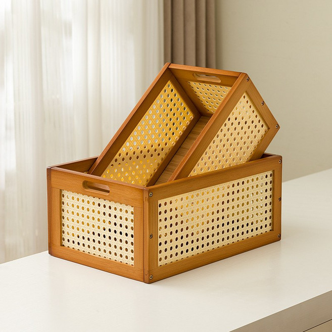 SPEEDBOX 대나무 원목 바구니 사각 수납, 1개, 다크브라운