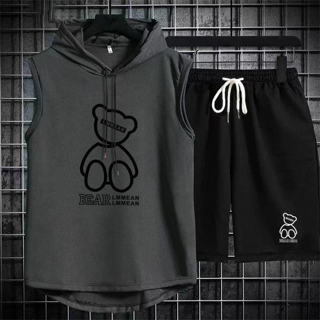 TKX 남성 캐주얼 프린트 민소매 후드 티셔츠 반바지 세트 여름용 트렌디 투피스 운동복