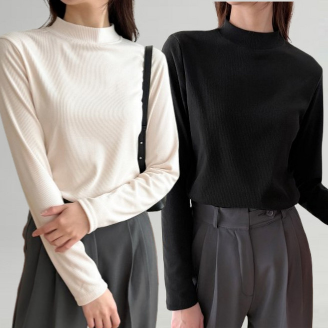 비오라 여성 루즈핏 반목티 폴라티 긴팔 티셔츠 2종세트