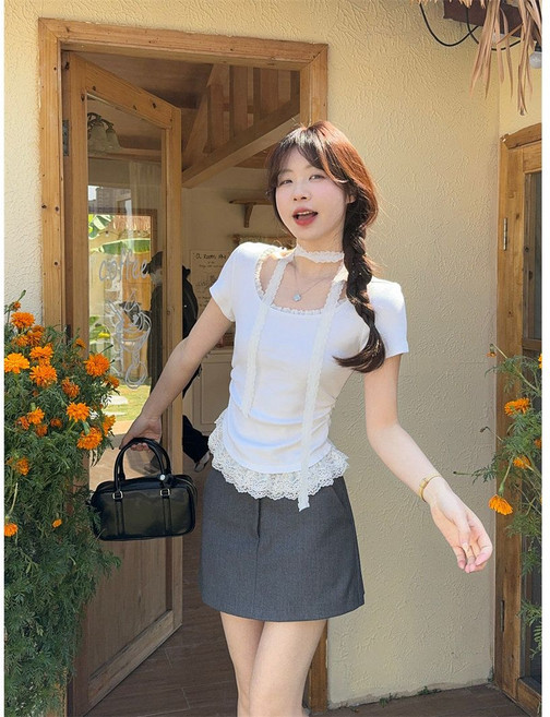 設計感蕾絲花邊短袖T恤 女 夏季修身百搭上衣