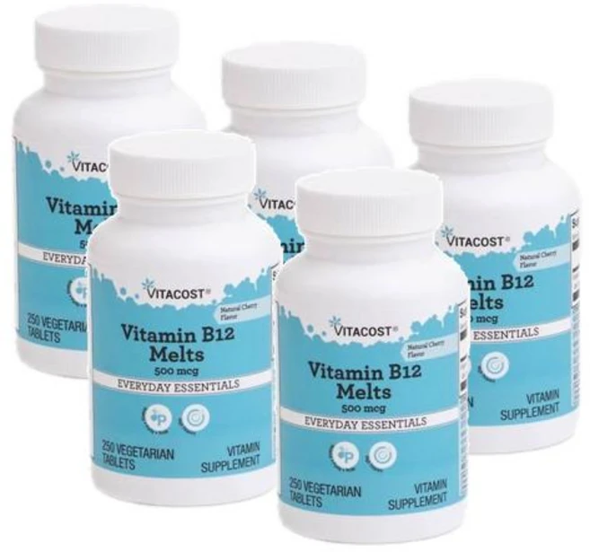 비타코스트 비타민B12 500mcg 멜트 녹여먹는 체리맛 타블렛 Vitacost Vitamin B-12 Melts Cherry, 5개, 250정 - 쿠팡