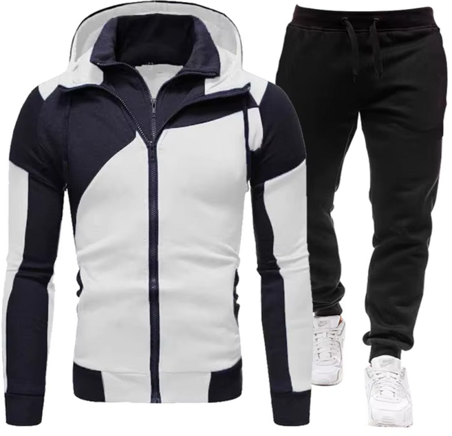 ANYOU 배색 디자인 남성 후드 집업 자켓 + 긴바지 투피스 간절기 스포츠 세트 캐주얼 트레이닝복