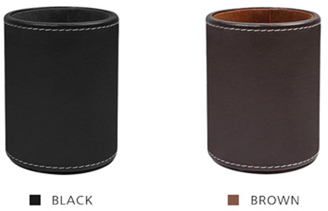 제이와이홀딩스 오피스 데스크 인조가죽 원형 볼펜꽂이, 브라운