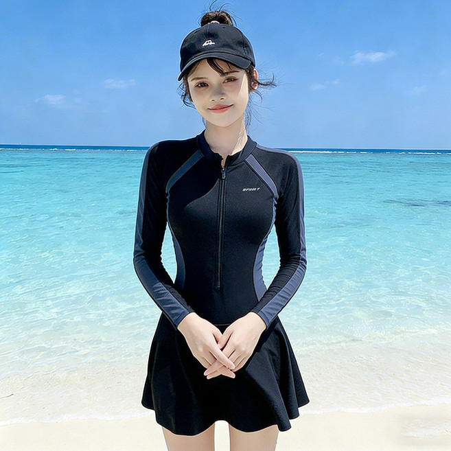 大碼連體裙式泳衣 保守微胖女孩顯瘦遮肉設計 日系學生風格 適用於溫泉場合, 黑搭灰,3XL建議70.0 80.0公斤