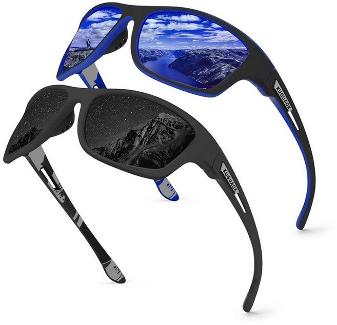 KUGUAOK 편광 스포츠 선글라스 남성용 운전 사이클링 낚시 100% 자외선 차단 고글 블루 미러 251807, 블랙+다크 블루 2팩