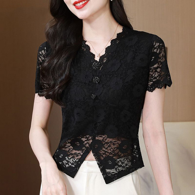 rigiu 여성 우아한 레이스 브이넥 셔링 티셔츠 슬림핏 허리라인 모던 댄스복 상의 482017호 3Z9K2W