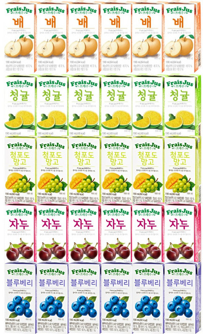 일화 프레주 팩음료 혼합 5종 6개씩(블루베리+청포도+자두+배+청귤), 30개, 190ml