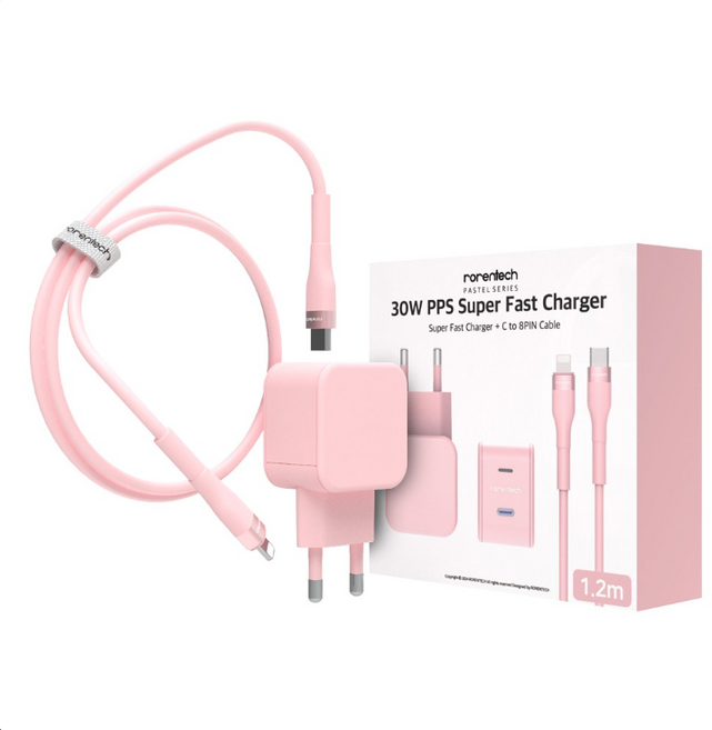 로랜텍 파스텔 고속 충전기 + PD C타입 to 8핀 케이블 1.2m 세트, 1세트, 핑크