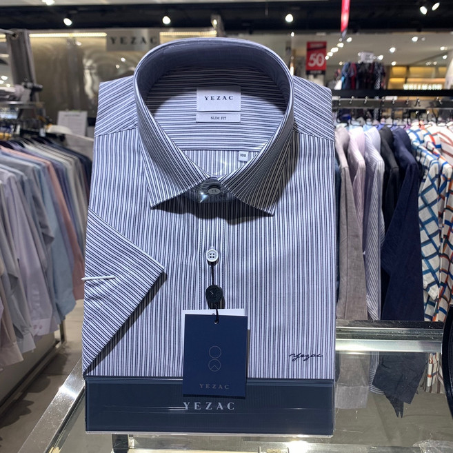 [예작]남성와이셔츠 은은한 이중 스트라이프 카라배색 슬림핏 반팔셔츠 (YJ4MBS262-NY)