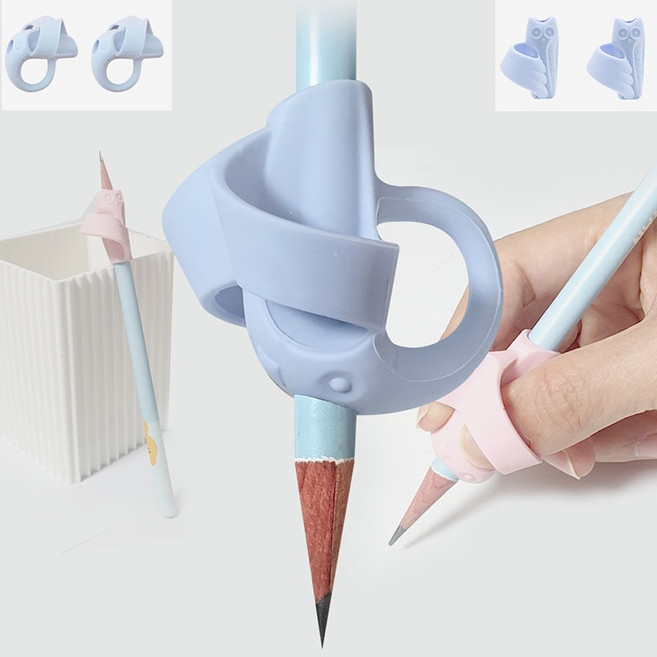 연필교정기 유아 어린이 초등학생 오른손 왼손 글씨교정기 펜슬그립 4P, 코끼리링 2P + 올빼미링 2P (핑크)