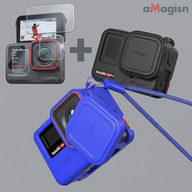 호환 인스타360 에이스 프로 렌즈 실리콘 케이스 풀커버 목걸이+강화액정보호필름 aMagisn, 1개, n1253 블랙+액정유리