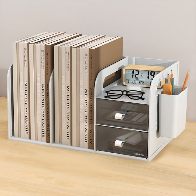 마켓플랜 심플 2단 데스크탑 다용도 책꽂이 서랍 정리함, 투명, 1개