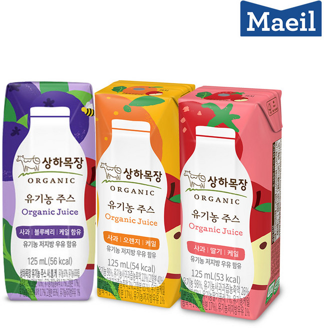 상하목장 유기농주스 125ml 3종 각8팩 (총24팩), 1세트, 딸기+오렌지+블루베리, 375ml