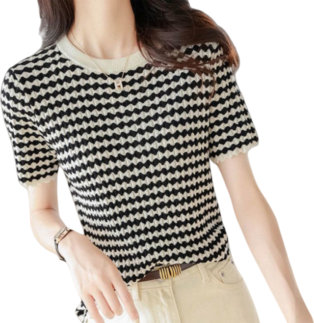 Makone 여성 여름 라운드 반팔 니트티