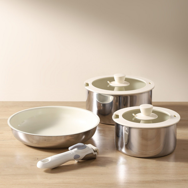 CookBuddy 스텐 인덕션 탈 부착 손잡이 6종 냄비 세트, 1세트, 18cm밀크냄비+22cm탕솥+26cm후라이팬, 크림색 + 실버색