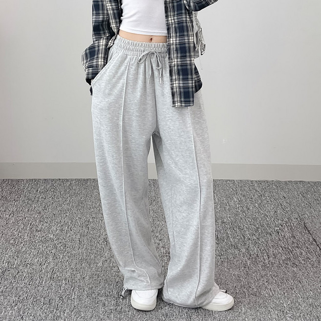 자체제작 어브라운 여성 밑단조임 스트링 핀턱 조거 와이드 트레이닝 바지 츄리닝 팬츠