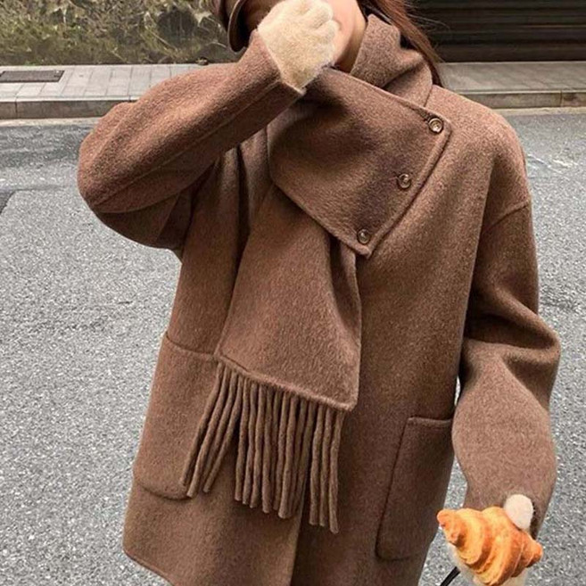 AOKADA 여성 겨을 모직 오버핏 스카프 하트 코트 키작녀 A라인 반코트