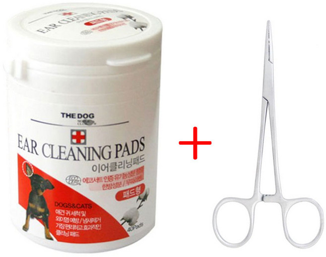 [애완용귀청소관리세트]더독 이어클리닝 패드 40매입 + 겸자곡선가위세트, 1개