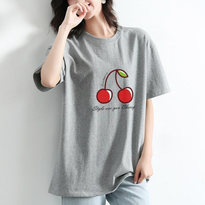 스타일아유 앵두 프린팅 면100% 오버핏 여성용 롱티 자체제작 반팔티 빅사이즈 반팔 티셔츠[AYG6TS424A]