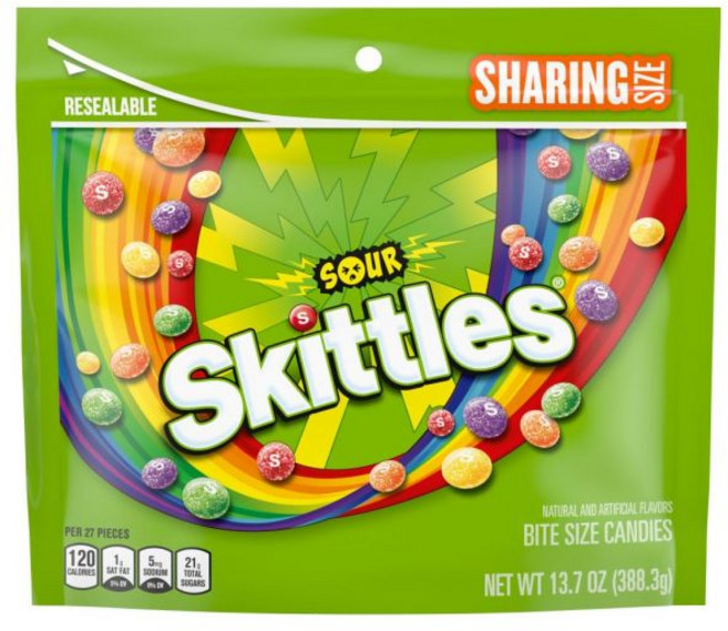 Skittles 신맛 사워 젤리 스키틀스 쫄깃한 사탕 셰어 사이즈 13.7 온스 백, 388.3g, 1개