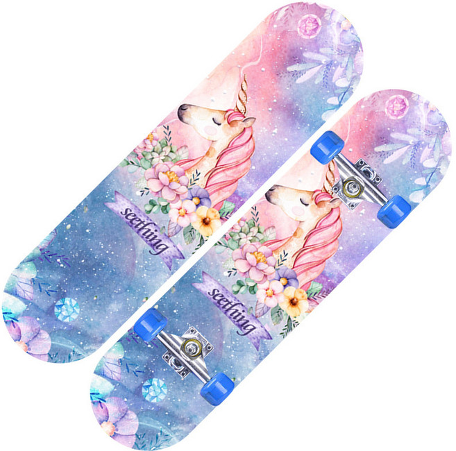 兒童楓木青少年四輪滑板男女雙面卡通雙翹板2808平板skateboard, 1個, 獨角獸