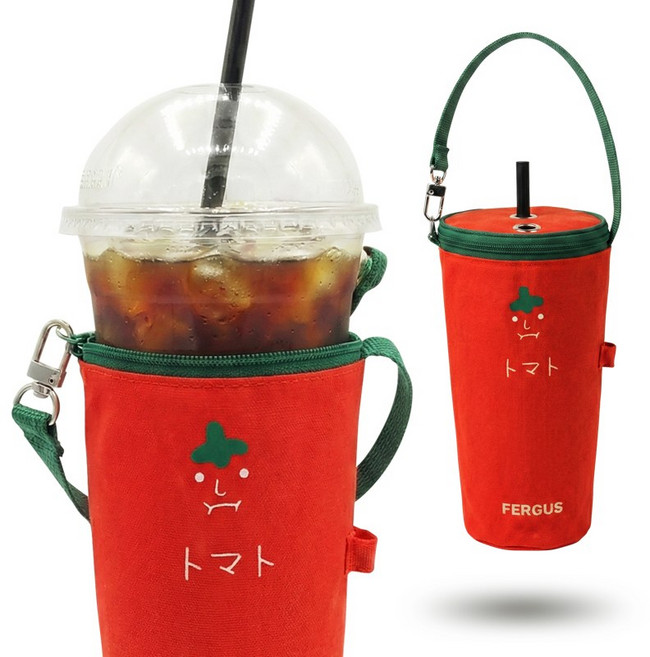 퍼거스 커피 보냉백 가방 테이크아웃 빨대 텀블러 파우치 유모차 손잡이 스트랩 물병주머니 뻬이따이 드링크 백, 1개, 커피가방 토마토