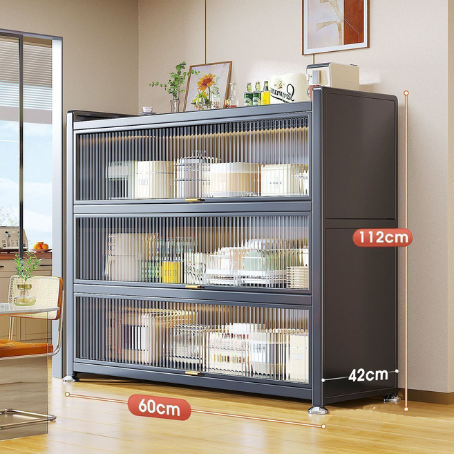 FACAT 주방 수납장800 방진 기름때를 막다 3단 철제수납장 투명문주방사이드수납장 42cm와이드 다용도 식탁 렌지대 CT-021, 4단, 차콜