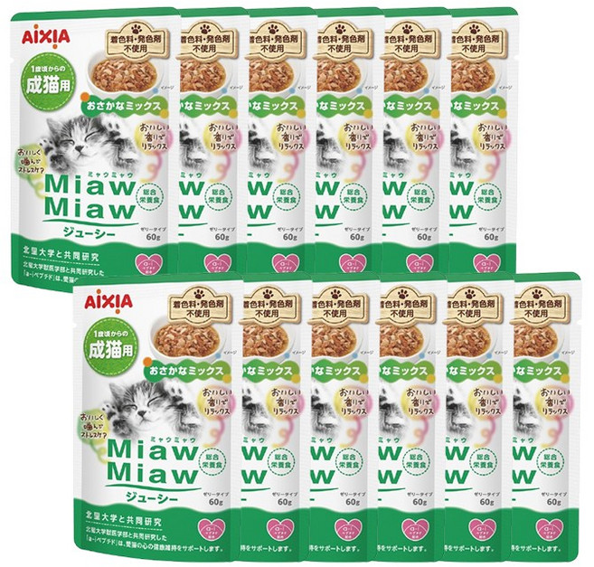 아이시아 먀우먀우 쥬시 파우치 고양이간식, MJ-4 생선믹스, 60g, 12개