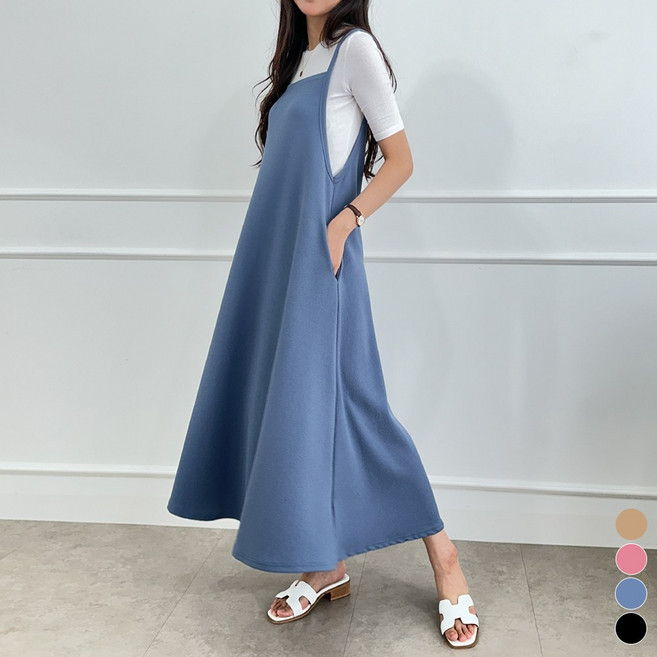 끌로이 뷔스티에 A라인 플레어 끈 나시 롱 원피스 빅사이즈 루즈핏 오버사이즈 무지 단색 심플 베이직