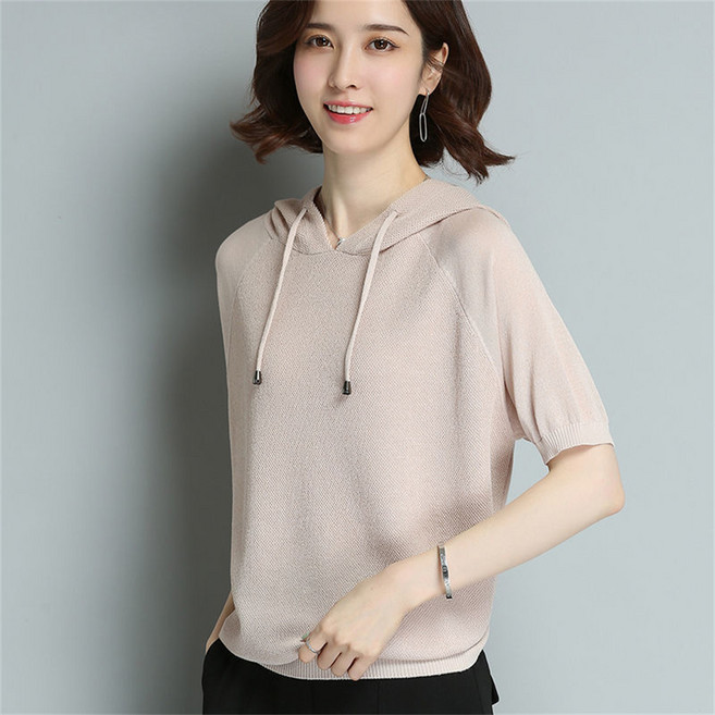 Vezri 중년 여성용 봄 여름 아이스 쿨링 니트 루즈핏 시크한 빅사이즈 얇은 후드 반팔 티셔츠 WHY