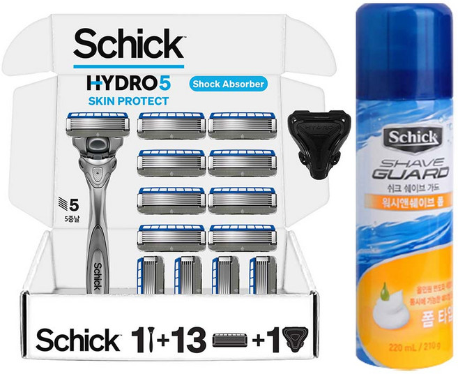쉬크 하이드로5 스킨프로텍트 면도기 기획팩 (핸들1+날13입+커버1) + 쉐이빙 폼, 1개, 면도기1+날13입+보호캡1