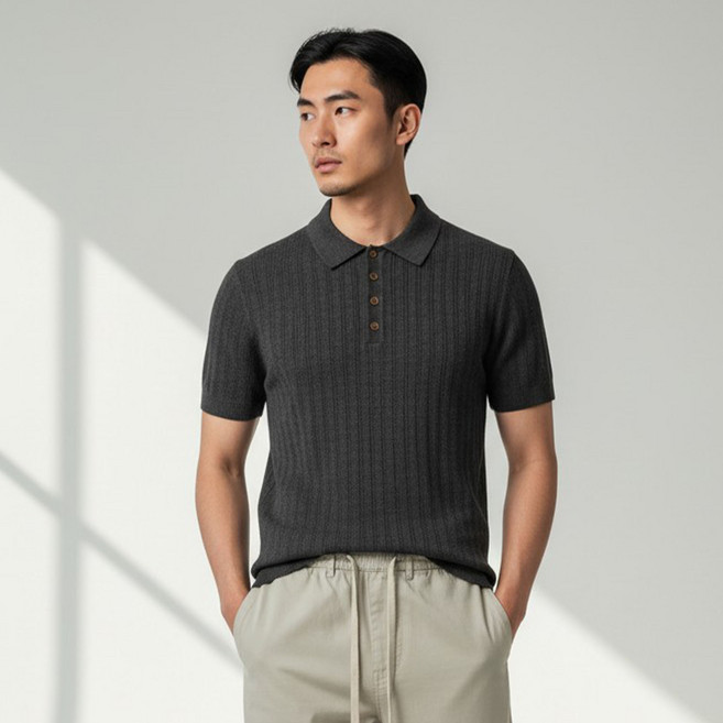 [펜타온] 폴로 카라넥 버튼 골지 반팔 니트 티셔츠