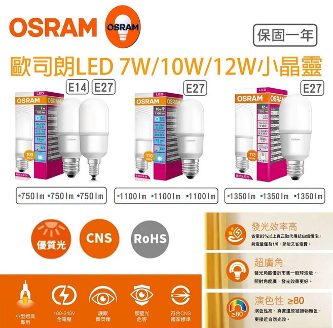 OSRAM 歐司朗 小晶靈 LED 燈泡 E27/E14 7W/10W/12W, 1個, E14,7W 自然光