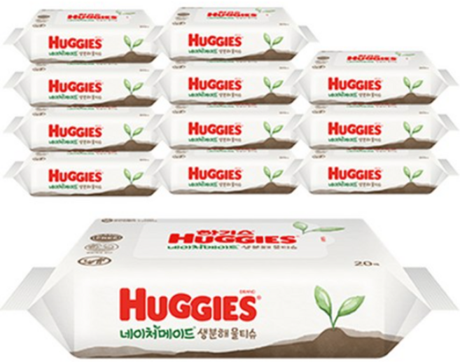하기스 네이처메이드 밤부 휴대용 유아물티슈, 20매, 12개