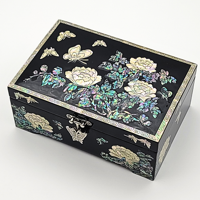 한국민예사 나전칠기 한지 검정 6치 자개 보석함 돌반지 악세사리 보관함 돌반지함 한국 전통 공예품 외국인 선물, 목단 검정