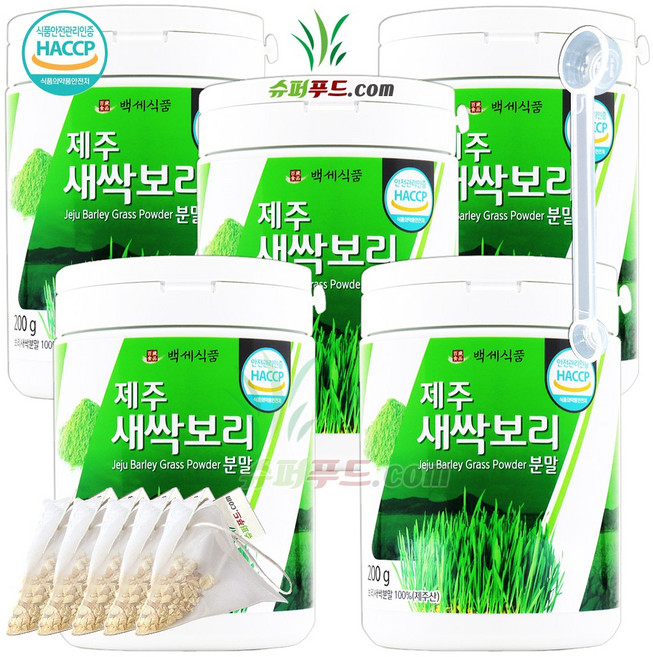 HACCP 식약처 인증 국산 보리새싹 100% 새싹보리 분말 폴리코사놀 국내산 새싹보리분말 + 슈퍼푸드.com 연자육 티백, 200g, 5세트