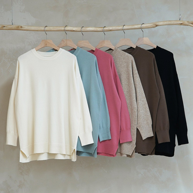 니트코어 여성 봄가을겨울 사계절 부드러운 쫀쫀한 루즈핏 여유 무지 베이직 라운드넥 긴팔 니트 니트티 티셔츠 스웨터